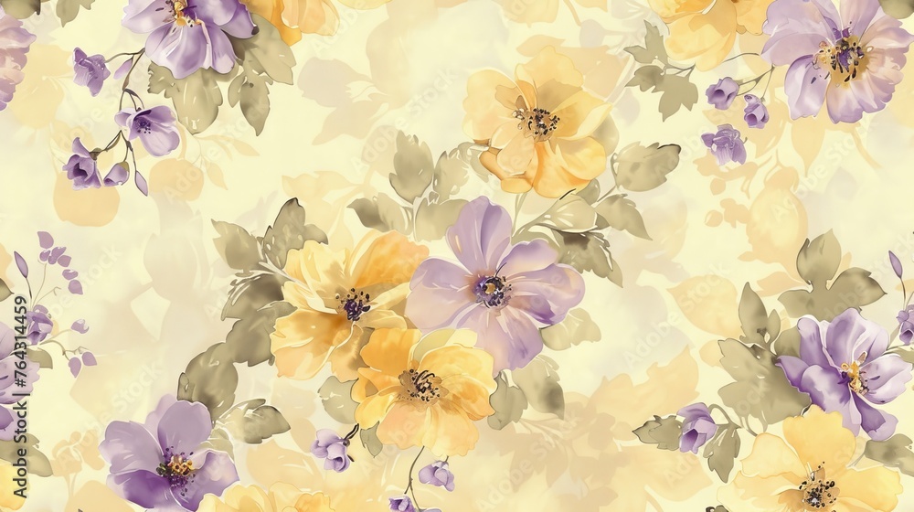 Warm pastel yellow and lavender tones in a whimsical floral print for a romantic feel AI generated illustration Warm pastel yellow and lavender tones in a whimsical floral print for a romantic feel AI generated illustration