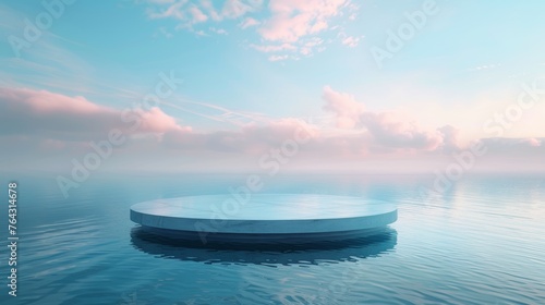Minimal Landscape Mockup: Round Platform on Water with Glass Wall Panels for Product Showcase Banner Generative AI