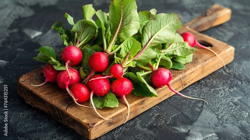 A bunch of ripe radishes on a wooden board. dark background