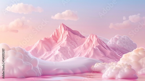 Whimsical Pastel Mountain Landscape with Fluffy Cloud Formations and a Gentle Ambiance