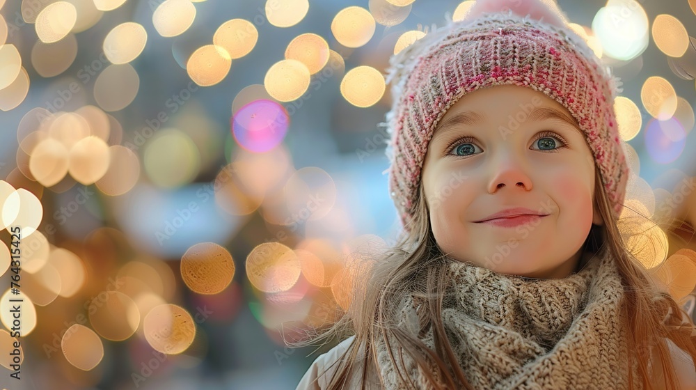 happy baby girl in warm hat and sweater on blurred bokeh background happy baby girl in warm hat and sweater on blurred bokeh background