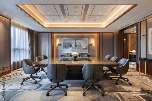 The executive meeting room, styled with elegance for high-level discussions, is prepared for an executive gathering with sophisticated furniture © New Robot