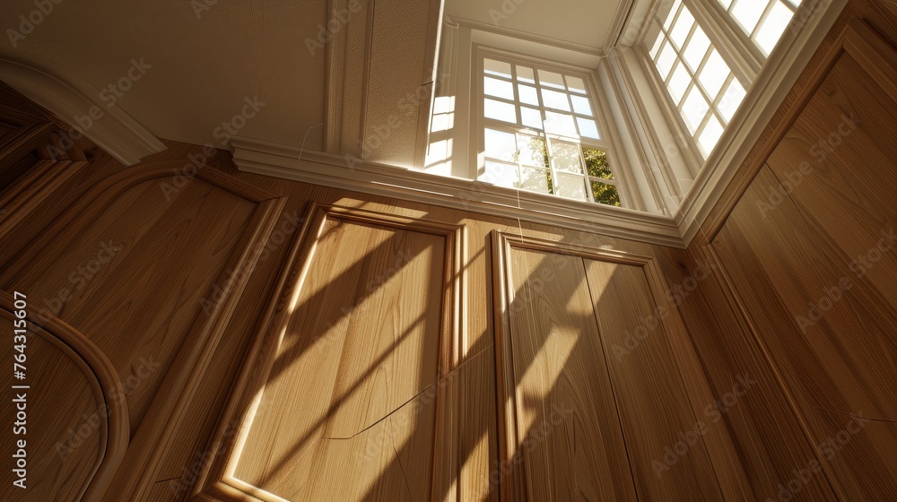 Obraz premium the sun shines through a window in a sauna room with wood paneling and a wood paneled door.