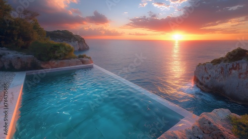 Luxurious Villa Infinity Pool Overlooking Tranquil Ocean at Sunset © Sandris