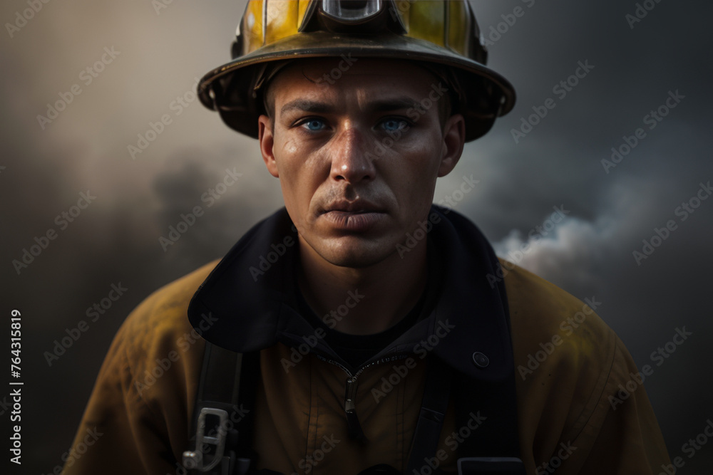 Portrait of man firefighter in orange protection equipment during fire with black smoke