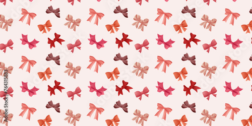 Pattern of pink ornate and red ribbon bows. Bows for gift boxes and hair accessories, seamless vector pattern.