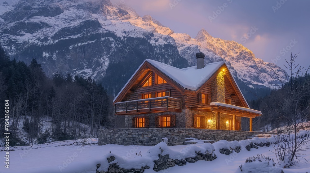 Tranquil Winter Evening with Warmly Lit Cabin Amidst Snowy Peaks.