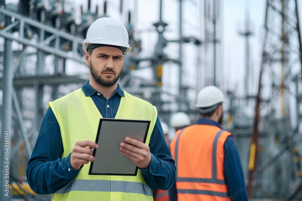 Portrait of electrical engeer holding tablet in front of electric power station
