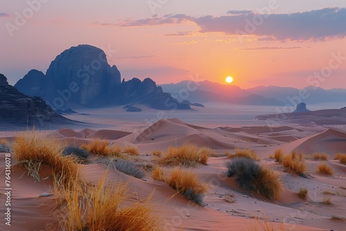 Sunset Over Desert Dunes with Majestic Mountain Backdrop.