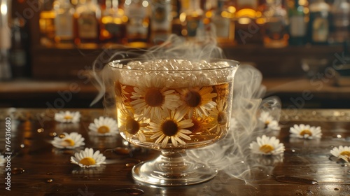 a glass filled with liquid sitting on top of a table next to white daisies and a bar in the background.