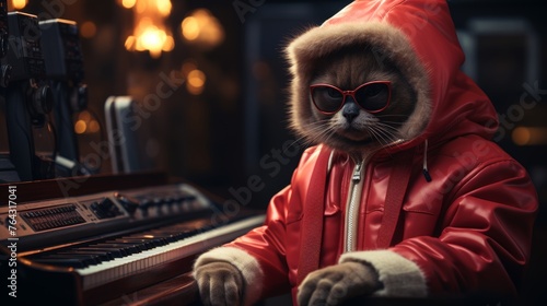 a siamese cat sitting on a chair playing on a synthesizer, synth pop, retro style,, vinyl record player and speakers behind cat, the cat is wearing 80s clothes, the cat is wearing red sunglasses