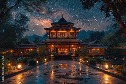 Starlit Night Over Traditional Asian Architectural Beauty.