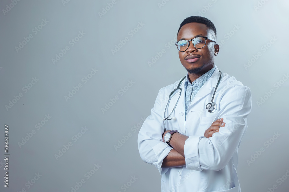Young black male doctor wearing a white coat and stethoscope, gray background Young black male doctor wearing a white coat and stethoscope, gray background