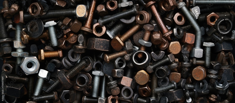 This image features a detailed close-up of various nuts and bolts arranged in a pile on a flat surface. This image features a detailed close-up of various nuts and bolts arranged in a pile on a flat surface.