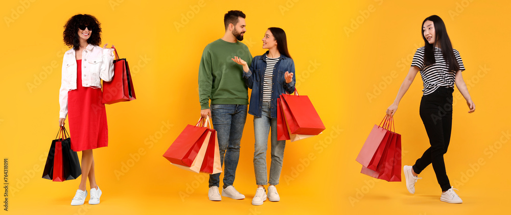 Happy people with shopping bags on orange background, set with photos