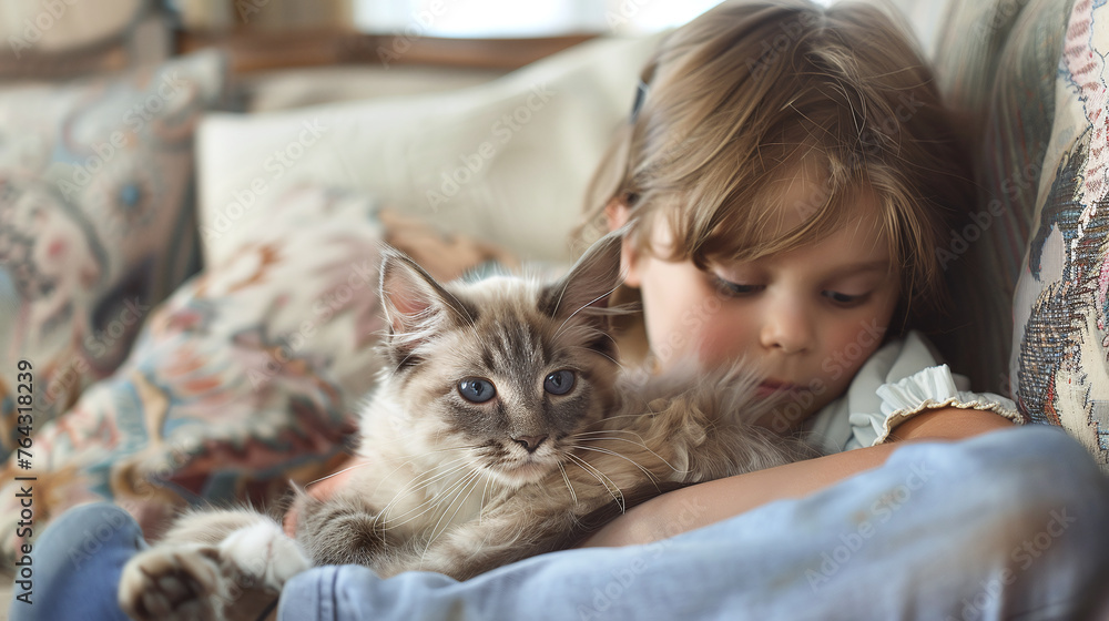 Close-up of a child holding a kitten in her arms