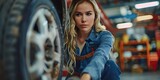 Woman fixing alloy wheels on a car tire in a garage. Concept Automotive Maintenance, Car Repair, Alloy Wheels, Garage Scene