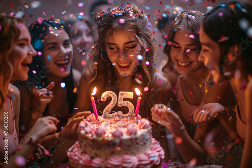 A group of friends throwing confetti and cheering as they present a cake with the number "25" to their friend at a surprise birthday party. Generative Ai.