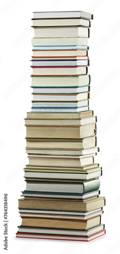 High stack of many different books isolated on white High stack of many different books isolated on white