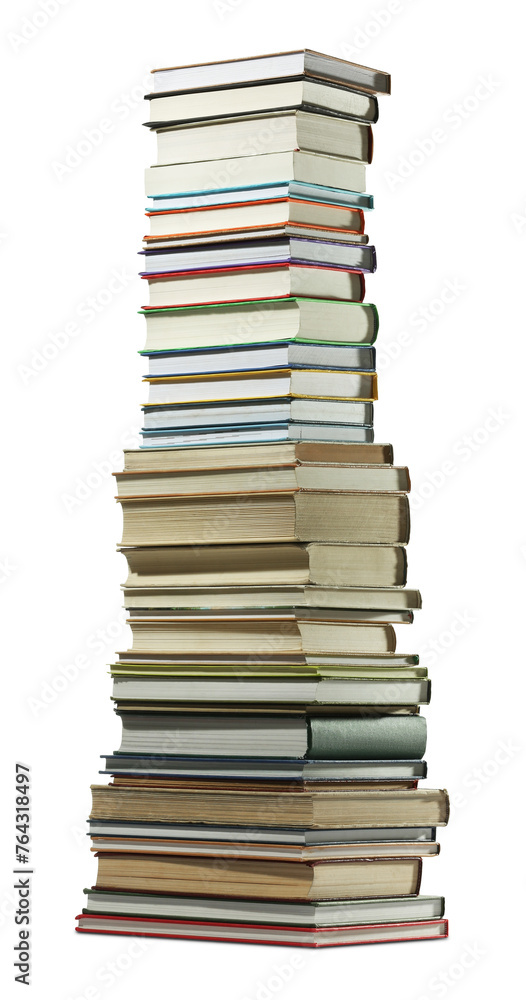 High stack of many different books isolated on white High stack of many different books isolated on white