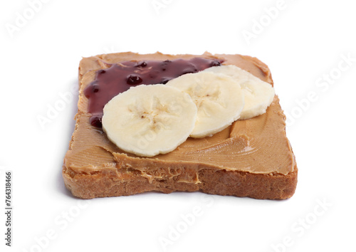 Toast with tasty nut butter, jam and banana isolated on white