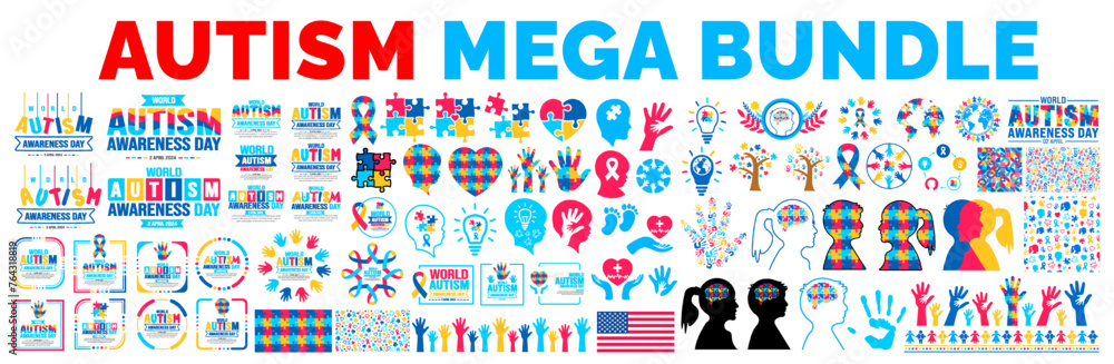 big mega bundle of Autism Awareness Day social media post banner, autism text design, pattern background, puzzle piece, kids raising hand, child hand, ribbon, love icon, child girl, child boy, vector. - obrazy, fototapety, plakaty 