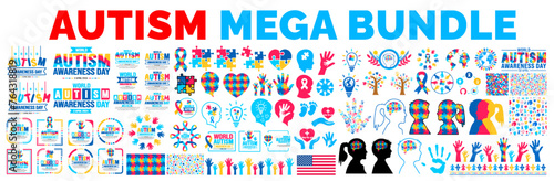 big mega bundle of Autism Awareness Day social media post banner, autism text design, pattern background, puzzle piece, kids raising hand, child hand, ribbon, love icon, child girl, child boy, vector. © Neelrong