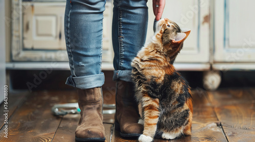 close up cat caresses around its owner's feet photo