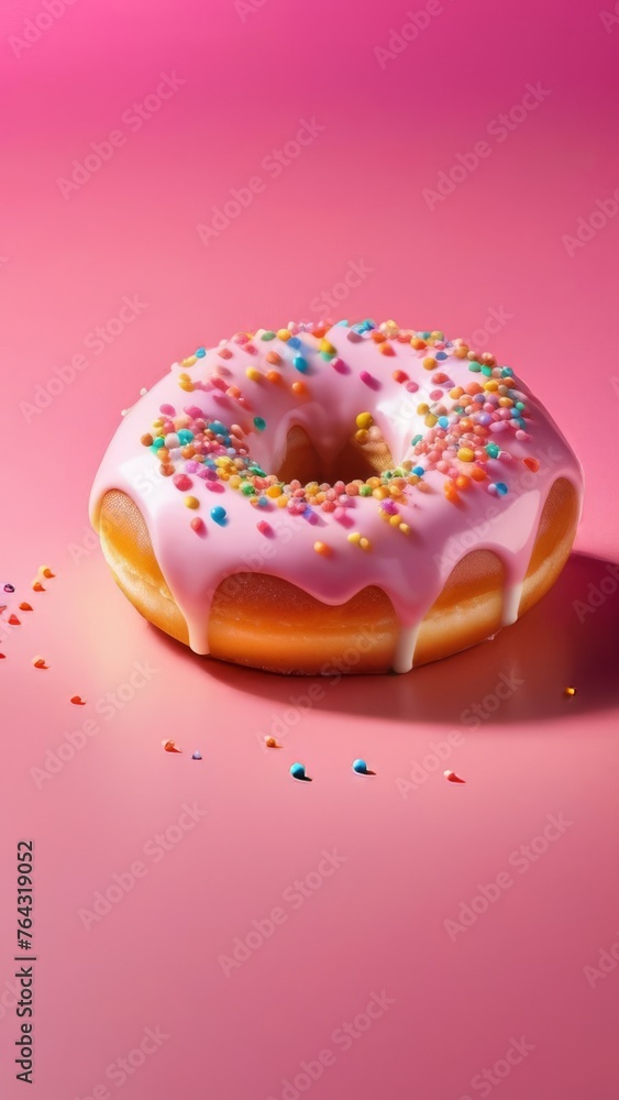 Delicious purple donut topped with colorful sprinkles on vibrant pink background. For advertise cafe, pastry shop, bakery, promote sweets, baked goods on social networks, on website, in menu, banner.