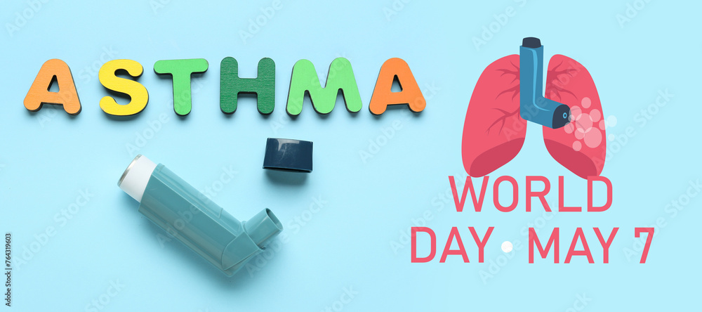 Word ASTHMA and modern inhaler on blue background Word ASTHMA and modern inhaler on blue background