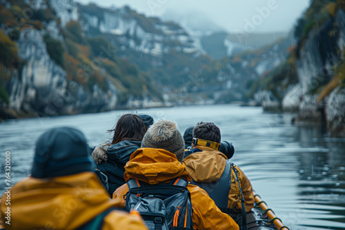 Passengers seated on the tour boat, cameras in hand as they marvel at the scenic views along the river. Concept of sightseeing and tourism. Generative Ai.