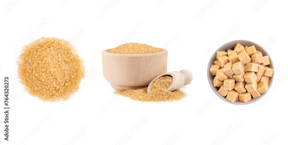 Brown sugar cubes and granulated isolated on white, set Brown sugar cubes and granulated isolated on white, set