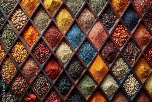 A mosaic of vibrant spices arranged in geometric patterns, showcasing the rich tapestry of flavors from around the globe. Concept of global spice diversity. Generative Ai.