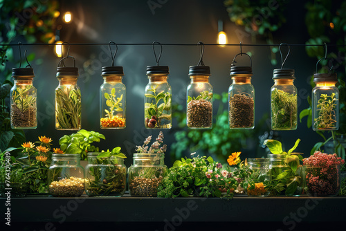 An array of aromatic herbs suspended in decorative glass jars, highlighting the visual appeal of culinary ingredients. Concept of herbaceous elegance in the kitchen. Generative Ai. photo