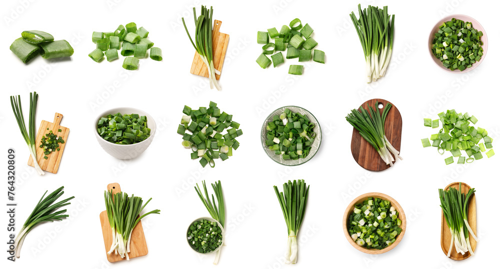 Set of fresh green onion isolated on white Set of fresh green onion isolated on white