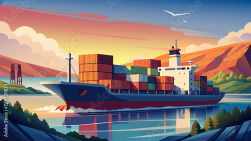 Cargo container ship sailing. Vector illustration. Cargo ship container in the ocean transportation, shipping freight transportation.
