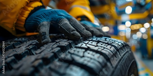 Closeup of auto mechanics hand fixing a tire in repair shop. Concept Auto Repair, Mechanic, Tire Fixing, Close-up Shot, Repair Shop