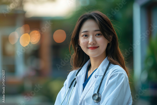 Young asian female doctor wearing a white coat and stethoscope, blurred background