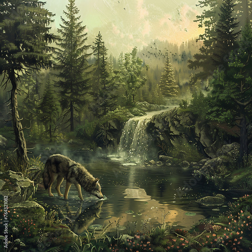 Fantasy landscape with waterfalls and a wolf in the forest.