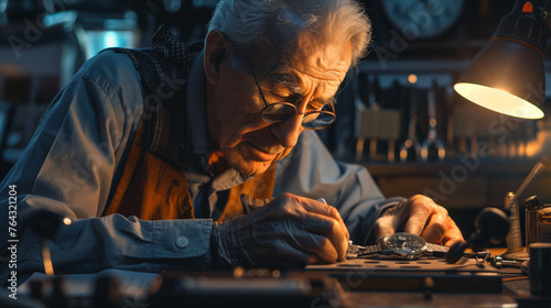 An elderly artisan repairs an analogic watch with precision, under the warm light of a lamp in a workshop filled with horological tools and vintage ambiance. photo