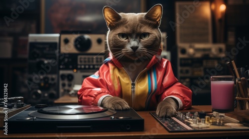 a siamese cat sitting on a vintage sofa playing on a synthesizer  synth pop  retro style   vinyl record player and speakers behind cat  the cat is wearing clothes  colorful