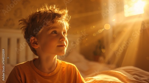 A young boy in yellow shirt looking up at the sun, AI