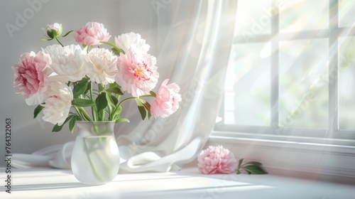 Peonies in Sunbeams: A Vase Filled with Pink and White Blooms on a Windowsill Generative AI