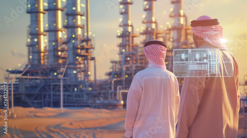 Arab man and woman standing in front of oil refinery at sunset.