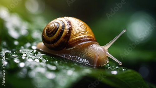 Close-up of a snail crawling along a leaf. © mischenko