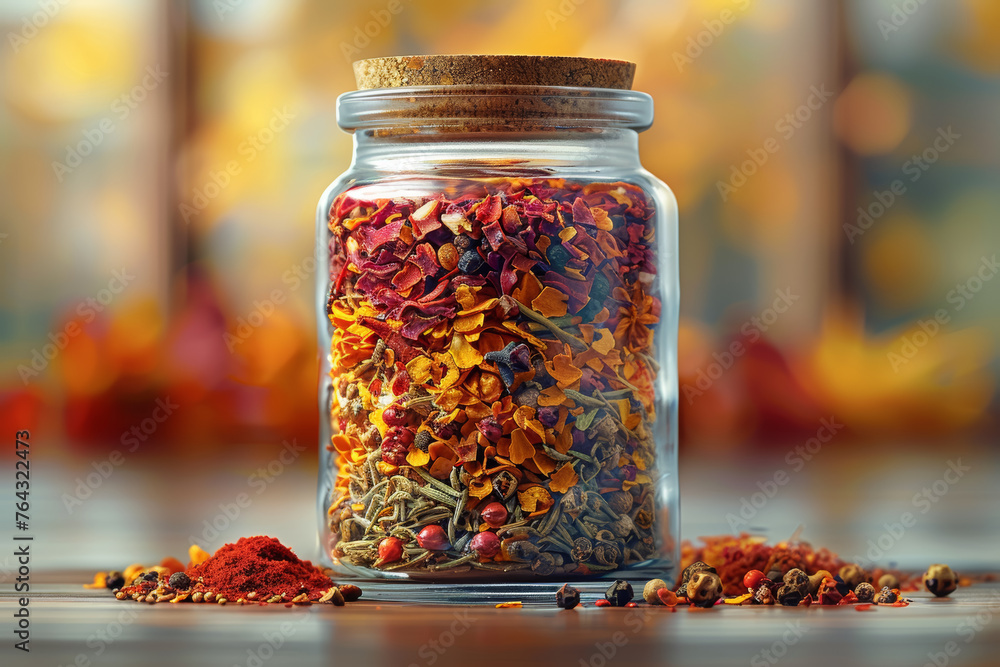 A vibrant spice blend encased in a glass jar, enticing consumers with its enticing combination of colors and aromas. Concept of curated spice blends. Generative Ai. A vibrant spice blend encased in a glass jar, enticing consumers with its enticing combination of colors and aromas. Concept of curated spice blends. Generative Ai.