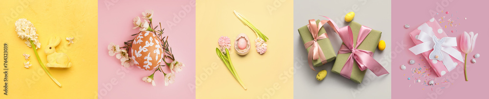 Collage with Easter eggs, gifts and flowers on color background Collage with Easter eggs, gifts and flowers on color background