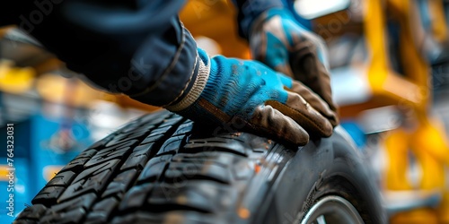 Close-up of an auto mechanic's hand repairing a tire in a repair shop. Concept Mechanic, Tire Repair, Close-up Shot, Automotive Workshop, Hand Gestures