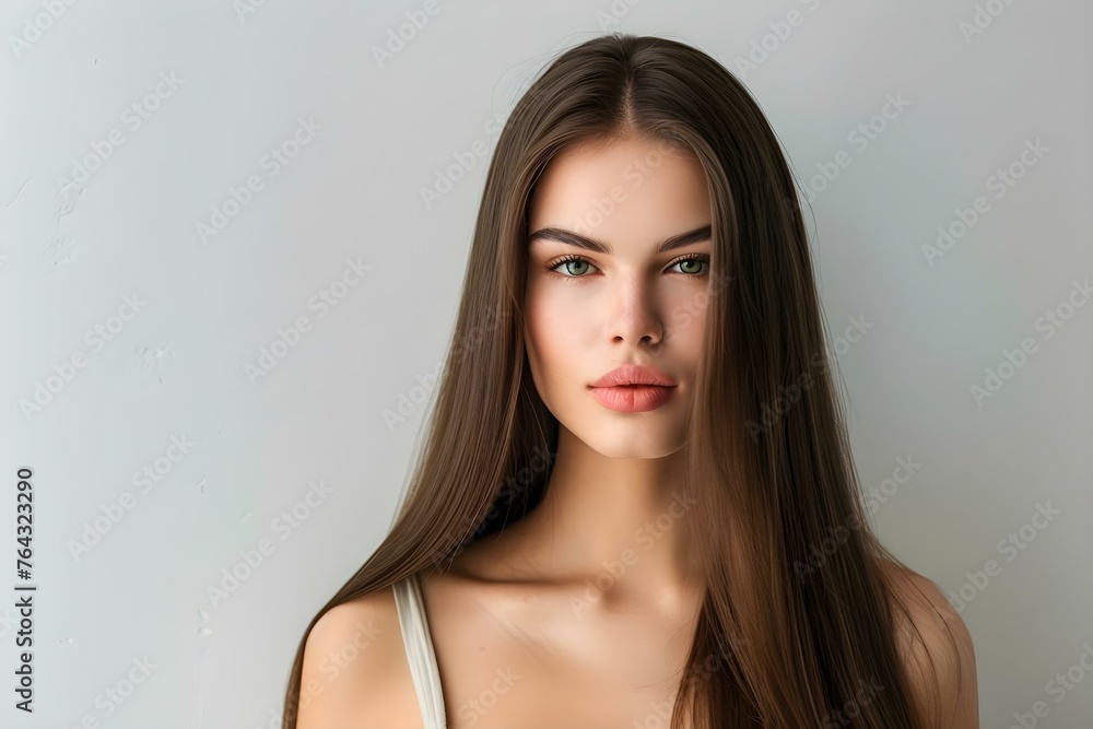 Naklejka premium Portrait of a Woman with Long Straight Brunette Hair on a Light Gray Background. Concept Woman Portrait, Long Brunette Hair, Light Gray Background