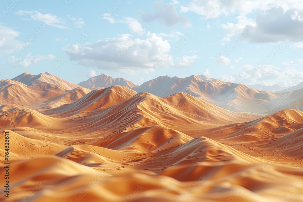 Naklejka premium A desert dune field with shifting sands sculpted by the wind, exemplifying the dynamic nature of arid landscapes. Concept of ever-changing desert topography. Generative Ai.